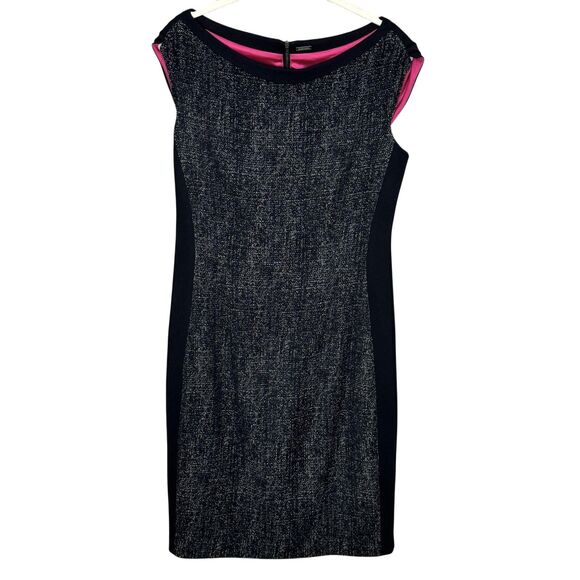 Elie Tahari Dress Womens 6 Black Metallic Sheath Sleeveless Tweed Panel Career - Picture 1 of 9